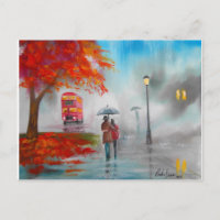 Pintura del paraguas rojo del autobús de otoño del