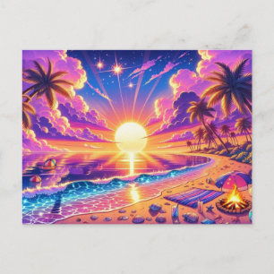 Postal Pintura del paraíso tropical del atardecer