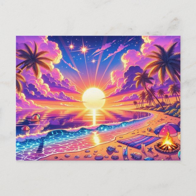Postal Pintura del paraíso tropical del atardecer (Anverso)