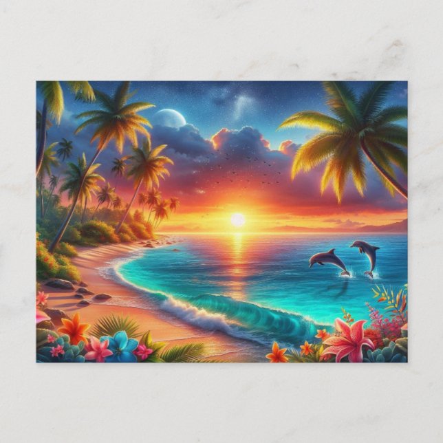 Postal Pintura del paraíso tropical del atardecer (Anverso)