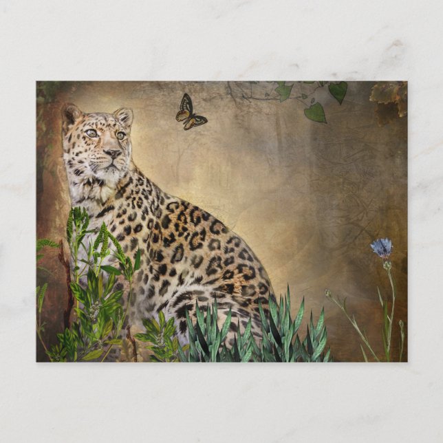 Postal Pintura digital de leopardo y mariposa de vida sil (Anverso)