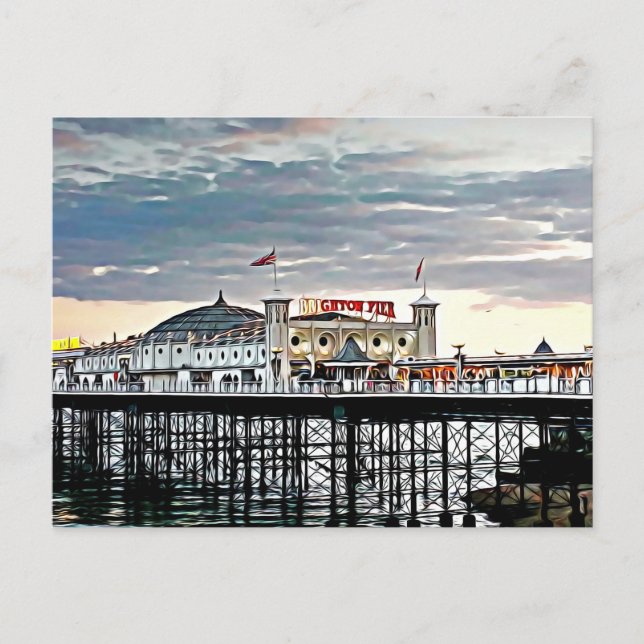 Postal Pintura digital del muelle y puesta de sol de Brig (Anverso)