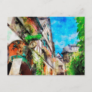 Postal Pintura en acuarela de Drosselgasse Ruedesheim