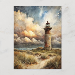 Postal Pintura en Acuarela de Faro en la Costa