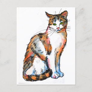 Postal Pintura en acuarela de gato calico #2 Felino Gato