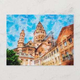 Postal Pintura en acuarela de la catedral de Maguncia en 