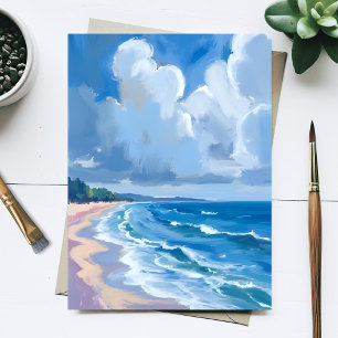 Postal Pintura en acuarela de la orilla del océano azul