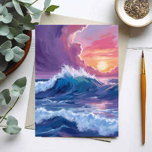 Postal Pintura en acuarela de la puesta de sol con olas d