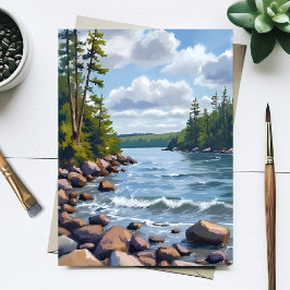 Postal Pintura en Acuarela de la Tranquila Orilla del Lag
