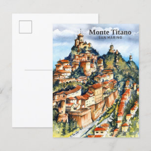 Postal Pintura en acuarela de Monte Titano San Marino Via