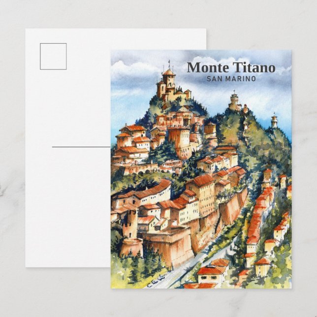 Postal Pintura en acuarela de Monte Titano San Marino Via (Anverso / Reverso)