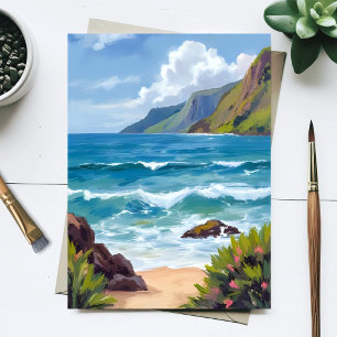 Postal Pintura en Acuarela de Olas Azules en la Costa del
