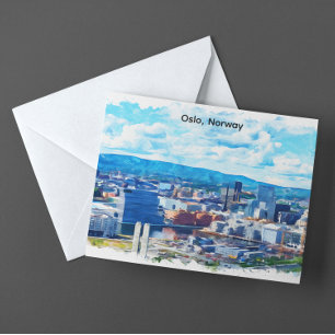 Postal Pintura en acuarela de Oslo Noruega Vista panorámi