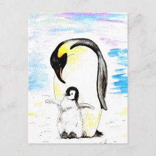Postal Pintura en acuarela de pingüino emperador y pollue