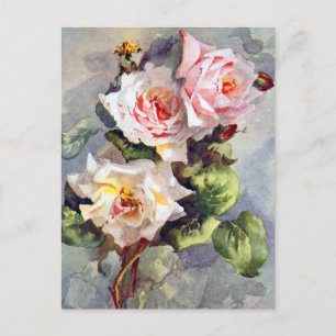 Postal Pintura en Acuarela de Rosas Rosadas Elegantes y H