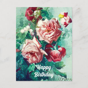 Postal Pintura en acuarela de rosas rosadas vintage elega