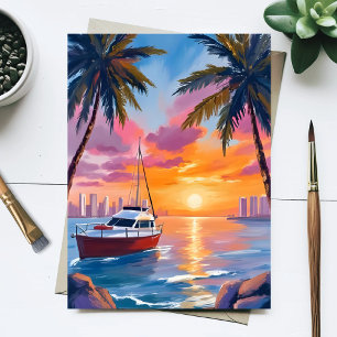 Postal Pintura en Acuarela del Atardecer en Miami Beach B