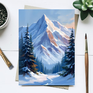 Postal Pintura en acuarela del paisaje montañoso invernal