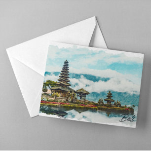 Postal Pintura en acuarela del templo de Bali Indonesia 