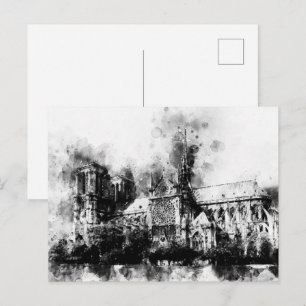 Postal Pintura en blanco y negro de la catedral de Notre