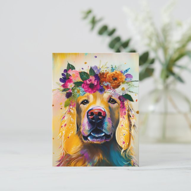 Postal Pintura Floral Golden Retriever (Anverso de pie)