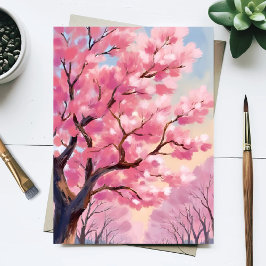 Postal Pintura floral rosa de árboles de flor de cerezo