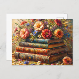 Postal Pintura Floral Vintage Bookstack