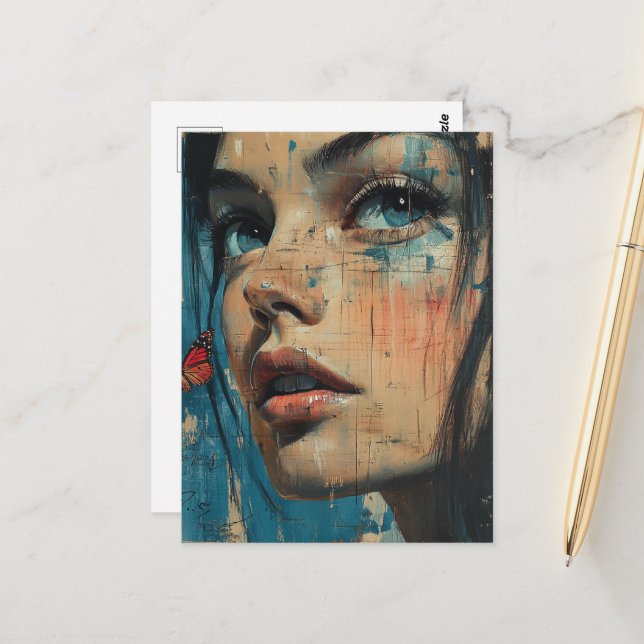 Postal Pintura Grunge de Cara de Mujer (Anverso/Reverso In Situ)