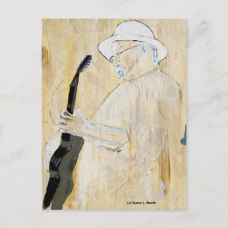 Postal Pintura guitarista azul en Naranja y marrón