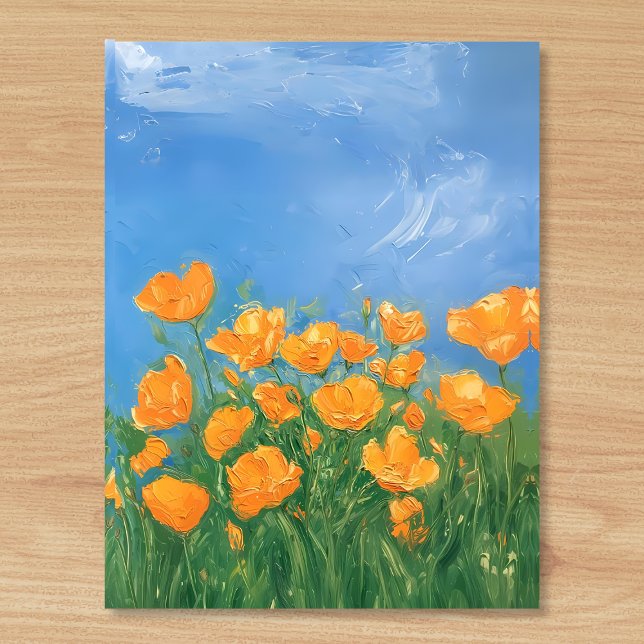 Postal Pintura impresionista del cielo del campo de la am (Beautiful bright and happy oil painting style postcard of orange poppies in a field in California. )