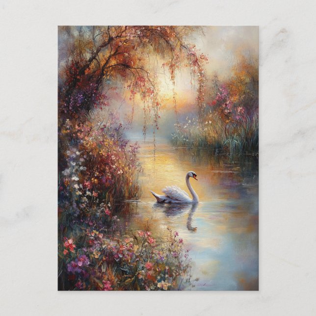 Postal Pintura impresionista rusa de los cisnes (Anverso)