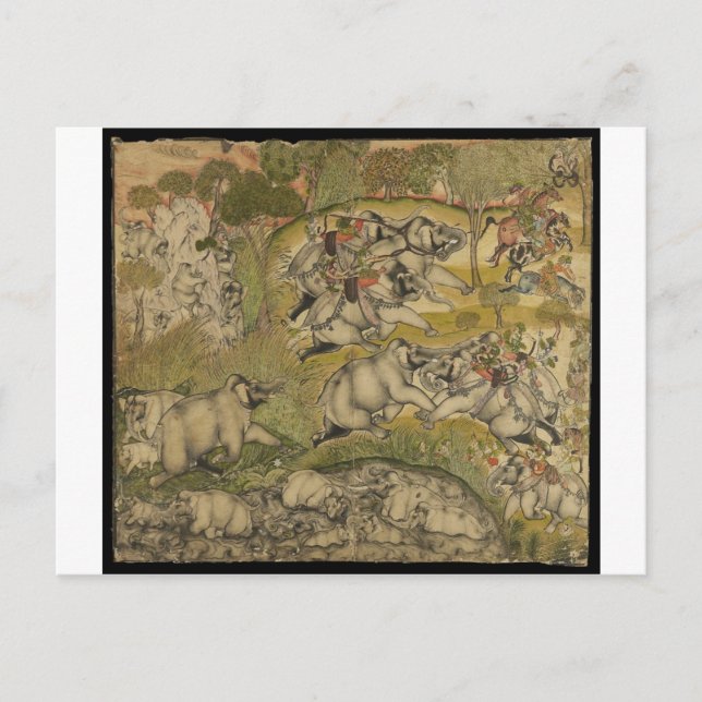 POSTAL PINTURA INDIA DE VINTAJE - GUERRA A LOS ELEFANTES (Anverso)