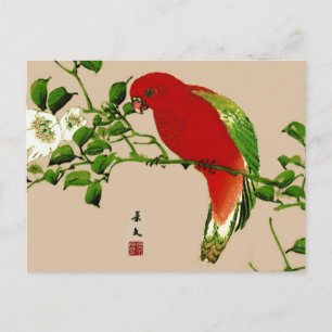 Postal Pintura Japonesa Antigua de un Loro, Rojo y Verde