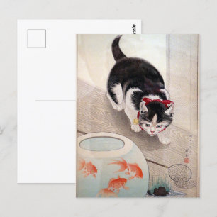 Postal Pintura japonesa de Ohara Koson Cat & Goldfish Bow