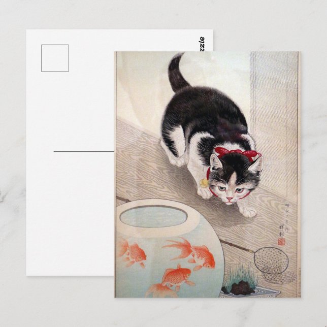 Postal Pintura japonesa de Ohara Koson Cat & Goldfish Bow (Anverso / Reverso)