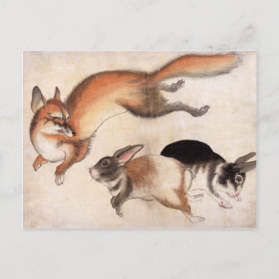 Postal Pintura japonesa vintage de Fox y Two Hares