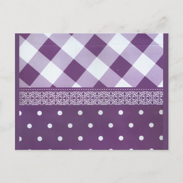 Postal Pintura morada de damasco floral de punto de polka (Anverso)