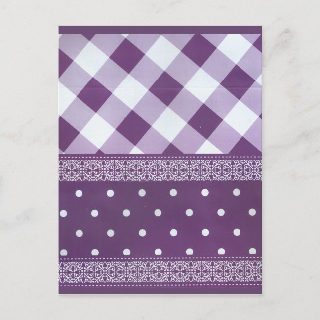 Postal Pintura morada de damasco floral de punto de polka (Anverso)