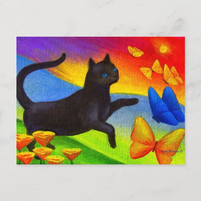 Postal Pintura negra de gato en mariposas felinas postale (Anverso)