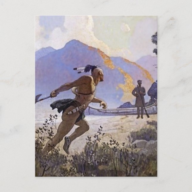 Postal Pintura occidental de N C Wyeth "El Tomahawk" (Anverso)