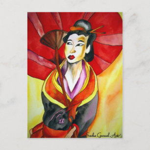 Postal Pintura original de color Geisha