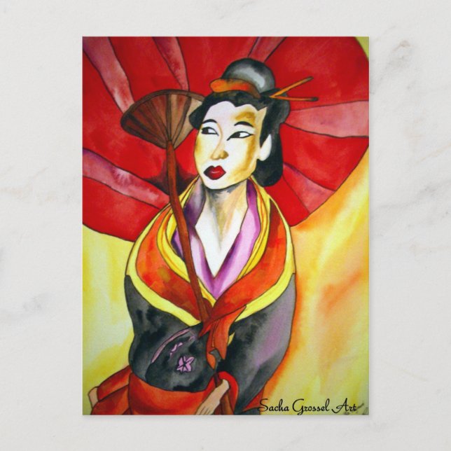Postal Pintura original de color Geisha (Anverso)