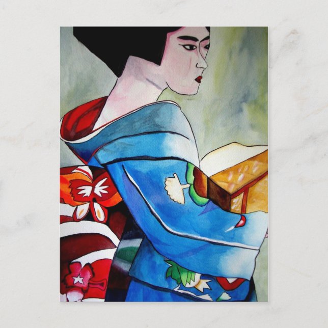 Postal Pintura original de color Geisha (Anverso)