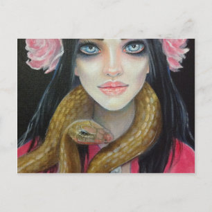 Postal Pintura original de una chica y su serpiente