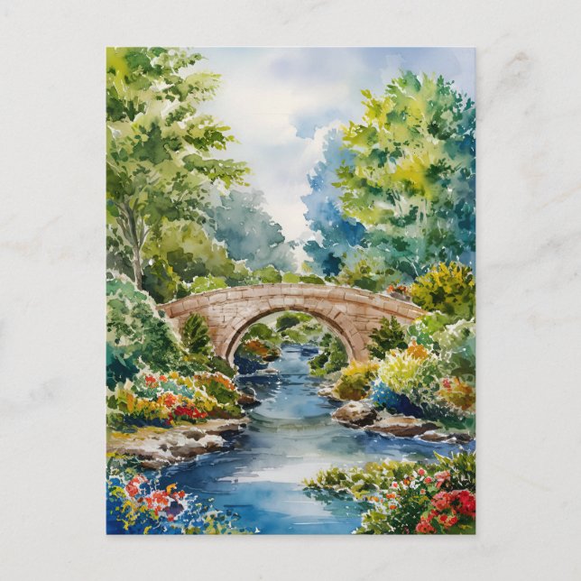 Postal pintura paisaje jardín verde (Anverso)