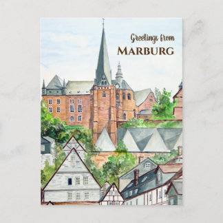 Postal Pintura panorámica de Marburg Altstadt Alemania