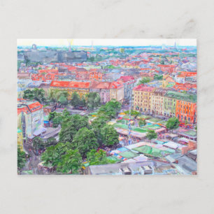 Postal Pintura pastel del mercado Viktualienmarkt de Múni