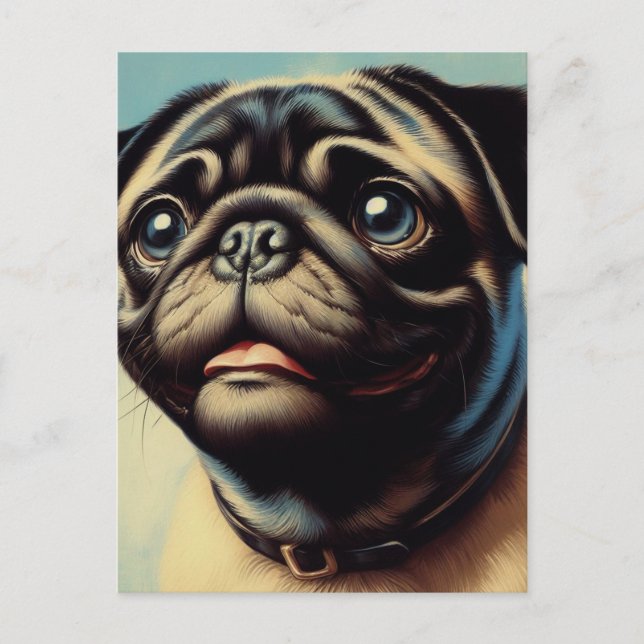 Postal Pintura retro de pug (Anverso)