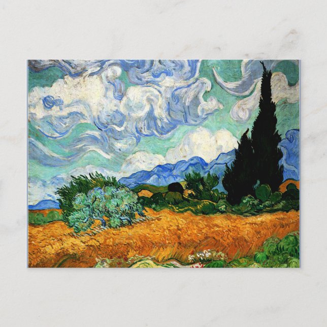 Postal Pintura Van Gogh, Wheatfield con árbol de cipreses (Anverso)