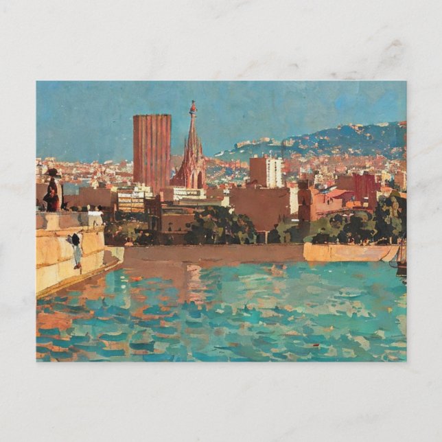 Postal pintura vintage de Barcelona (Anverso)